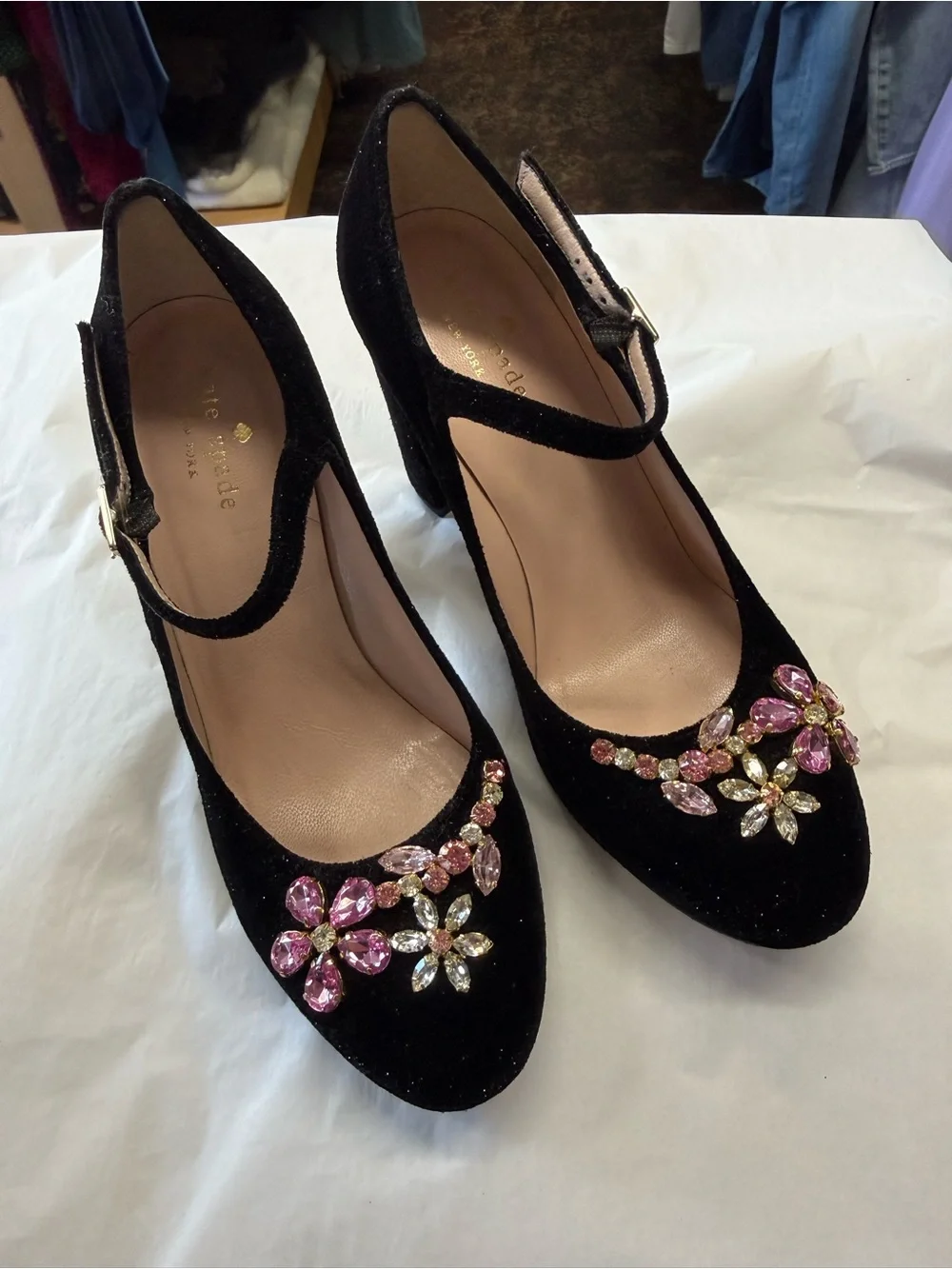 Kate Spade Ballina Black Velvet Crystal Mary Jane Pumps Heels 7.5 Italy